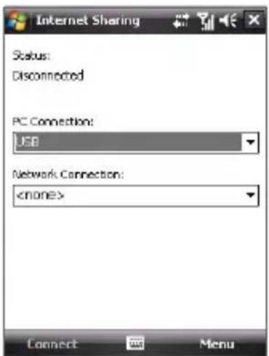 Internet Sharing Status: Disconnected PC Connection: USD Network Connection: Connect Menu
