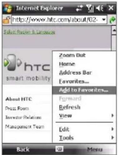 Internet Explorer http://www.htc.com/about/02- Select Browser & Language Zoom Out Home Address Bar Favorites... Add to Favorites... Forward Refresh View Edit Tools Back Menu