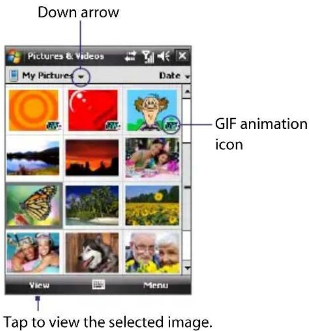 Down arrow Pictures & Videos My Pictures Date GIF animation icon View Menu Tap to view the selected image.