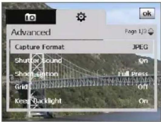Advanced Capture Format JPEG Shutter Sound On Shoot Option Full Press Grid Off Keep Backlight On Page 1/3