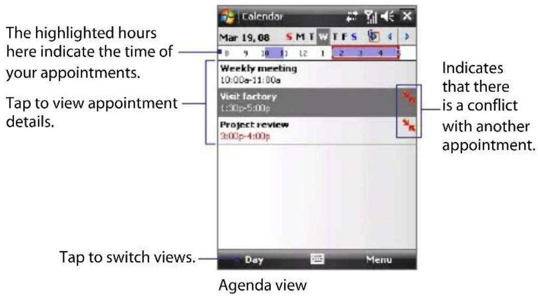 The highlighted hours here indicate the time of your appointments. Tap to view appointment details. Tap to switch views. Agenda view Calendar Mar 19, 08 S M T W T F S Weekly meeting 10:00s-11:00s Visit factory 1:30p-5:00p Project review 3:00p-4:00p Indicates that there is a conflict with another appointment. Day Menu