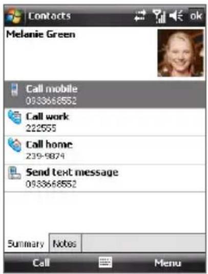 Contacts Melanie Green Call mobile 0933668552 Call work 222555 Call home 239-9874 Send text message 0933668552 Summary Notes Call Menu