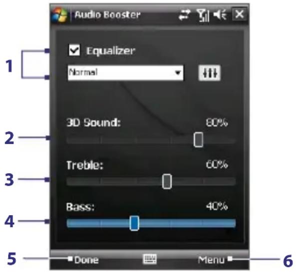 Audio Booster Equalizer Normal 3D Sound: 60% Treble: 60% Bass: 40% Done Menu