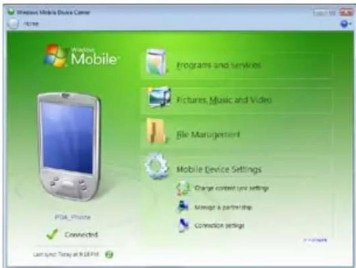 Windows Mobile Device Center Home Windows Mobile Programs and Services Pictures, Music and Video File Management Mobile Device Settings Change content sync settings Manage a partnership Connection settings PCB_Phone Connected Can sync To say at B:8.01.01