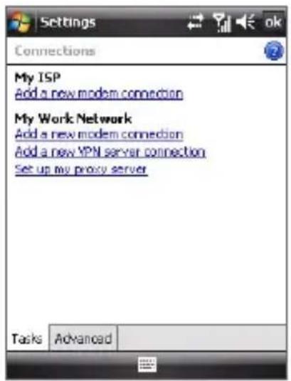 Settings Connections My ISP Add a new modem connection My Work Network Add a new modem connection Add a new VPN server connection Set up my proxy server Tasks Advanced