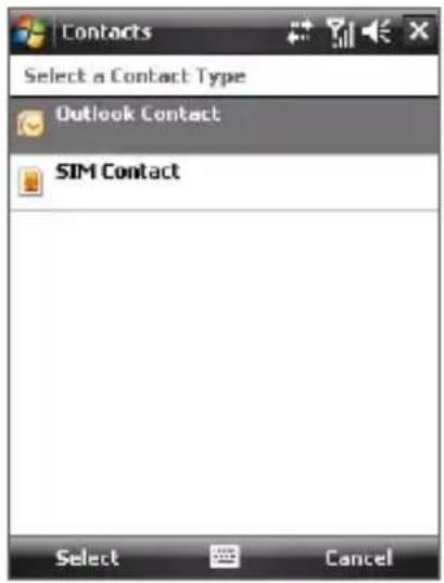 Contacts Select a Contact Type Outlook Contact SIM Contact Select Cancel