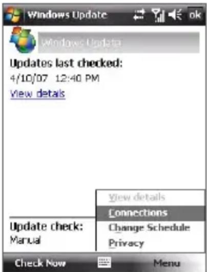 Windows Update Windows Update Updates last checked: 4/10/07 12:40 PM View details Update check: Manual View details Connections Change Schedule Privacy Check Now Menu