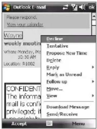 Outlook E-mail Please respond. View your calendar Wayne weekly meeting When: Monday, Ma 10:30 AM Location: R1002 CONFIDENT The informa mail is confi privileged; it Accept Decline Tentative Propose New Time Delete Reply Mark as Unread Follow up Move... View Download Message Send/Receive Menu