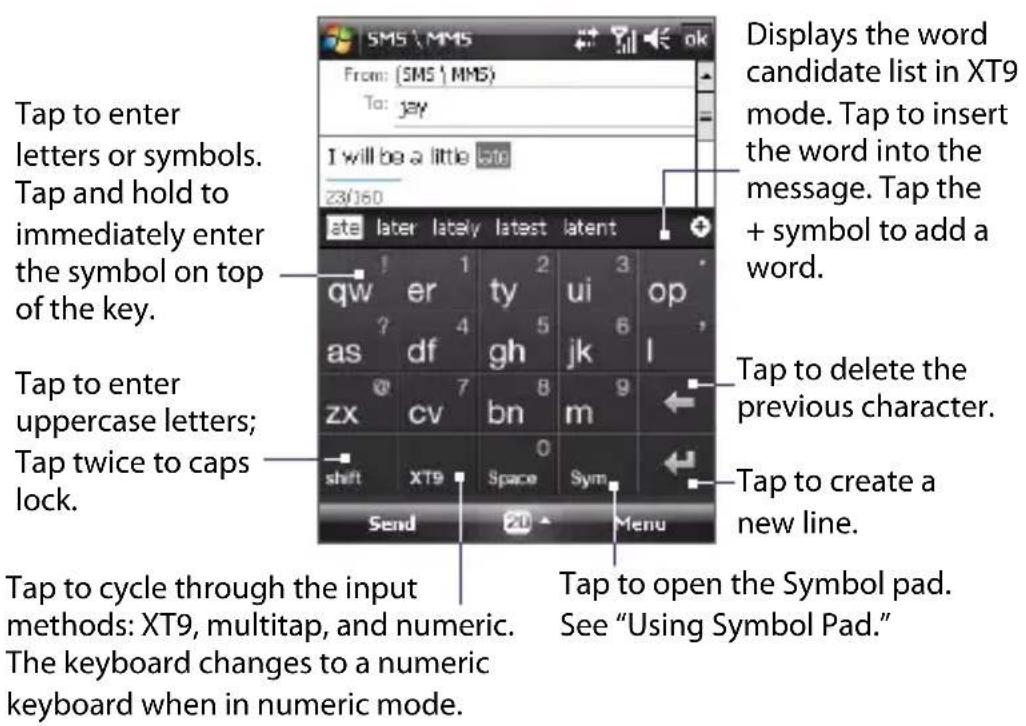 Tape to enter letters or symbols. Tap and hold to immediately enter the symbol on top of the key. Tap to enter uppercase letters; Tap twice to caps lock. Tap to cycle through the input methods: XT9, multitap, and numeric. The keyboard changes to a numeric keyboard when in numeric mode. Displays the word candidate list in XT9 mode. Tap to insert the word into the message. Tap the + symbol to add a word. Tap to delete the previous character. Tap to create a new line. Tap to open the Symbol pad. See "Using Symbol Pad."