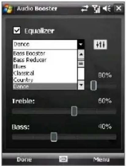 Audio Booster Equalizer Dance Bass Booster Bass Reducer Blues Classical Country Dance Treble: 60% Bass: 40% Done Menu