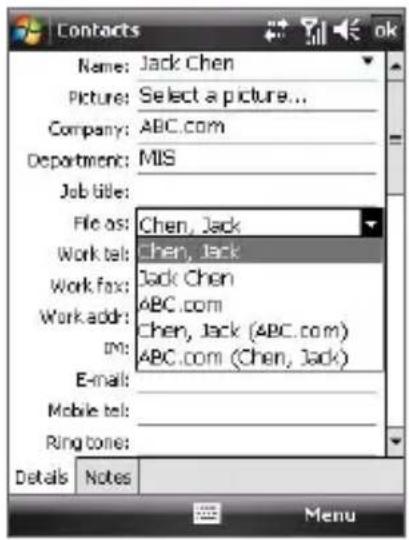 Contacts Name: Jack Chen Picture: Select a picture... Company: ABC.com Department: MIS Job title: File as: Chen, Jack Work tel: Chen, Jack Work fax: Jack Chen Work addr: ABC.com Email: Chen, Jack (ABC.com) Mobile tel: ABC.com (Chen, Jack) Ring tone: Details Notes Menu