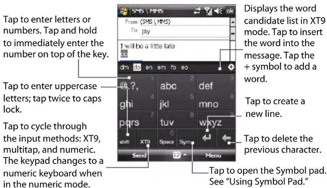 Tap to enter letters or numbers. Tap and hold to immediately enter the number on top of the key. Tap to enter uppercase letters; tap twice to caps lock. Tap to cycle through the input methods: XT9, multitap, and numeric. The keypad changes to a numeric keyboard when in the numeric mode. Displays the word candidate list in XT9 mode. Tap to insert the word into the message. Tap the + symbol to add a word. Tap to create a new line. Tap to delete the previous character. Tap to open the Symbol pad. See "Using Symbol Pad."