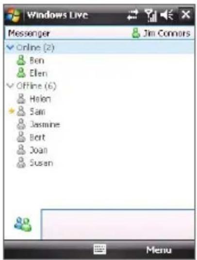 Windows Live Messenger Jim Connors Online (2) Ben Ellen Offline (6) Helen Sam Jasmine Bert Joan Susan Menu