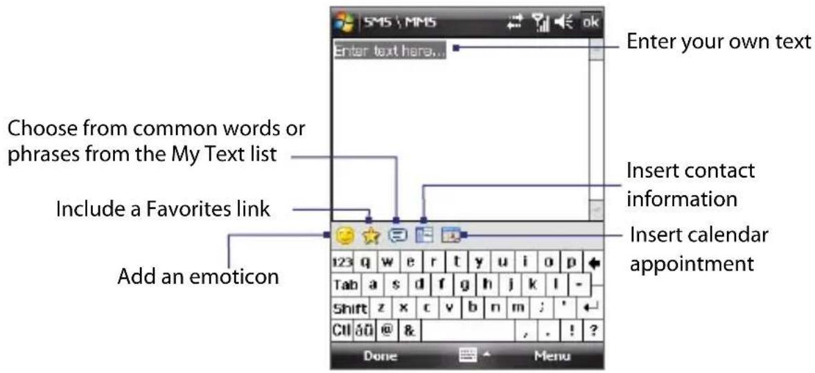 Enter your own text Choose from common words or phrases from the My Text list Include a Favorites link Add an emoticon Insert contact information Insert calendar appointment