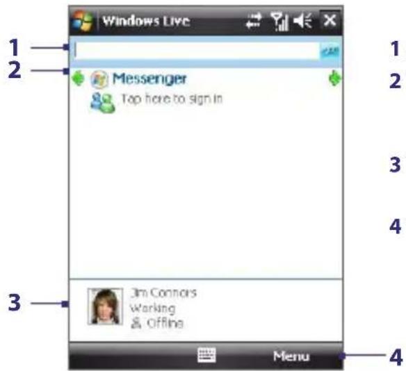 Windows Live 1 2 Messenger Tap here to sign in 3 Jim Connors Working & Offline Menu