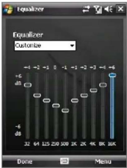 Equalizer Customize +6 dB -6 dB 32 64 125 250 500 1K 2K 4K 8K 16K Done Menu