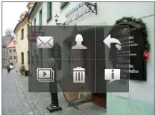 Street photo with visible store signboards and icons for email, person, video, trash bin, and information