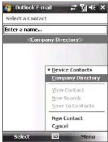 Outlook E-mail Select a Contact Enter a name... • Device Contacts Company Directory View Contact New Search Save to Contacts New Contact Cancel Select OK Menu