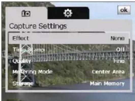 Capture Settings Effect None Time Stamp Off Quality Fine Metering Mode Center Area Storage Main Memory