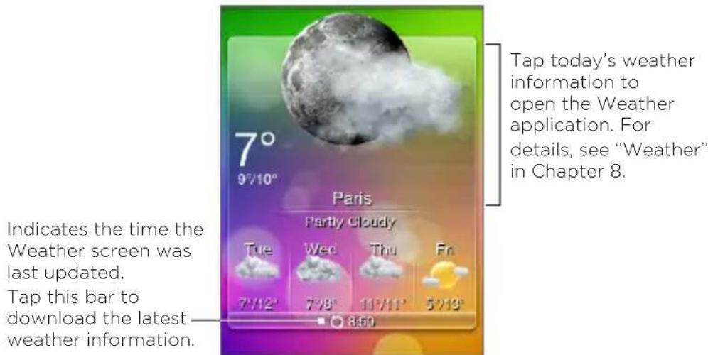Tap today's weather information to open the Weather application. For details, see "Weather" in Chapter 8. Indicates the time the Weather screen was last updated. Tap this bar to download the latest weather information.