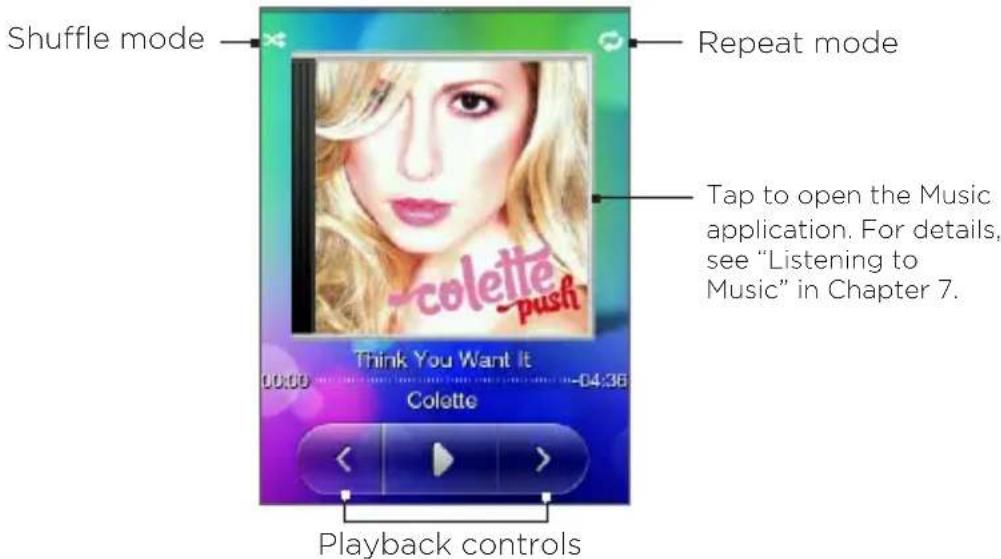 Shuffle mode Repeat mode Tap to open the Music application. For details, see "Listening to Music" in Chapter 7. Think You Want It 00:00 -04:36 Colette Playback controls