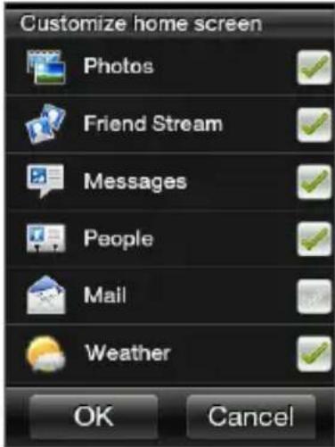Customize home screen Photos Friend Stream Messages People Mail Weather OK Cancel