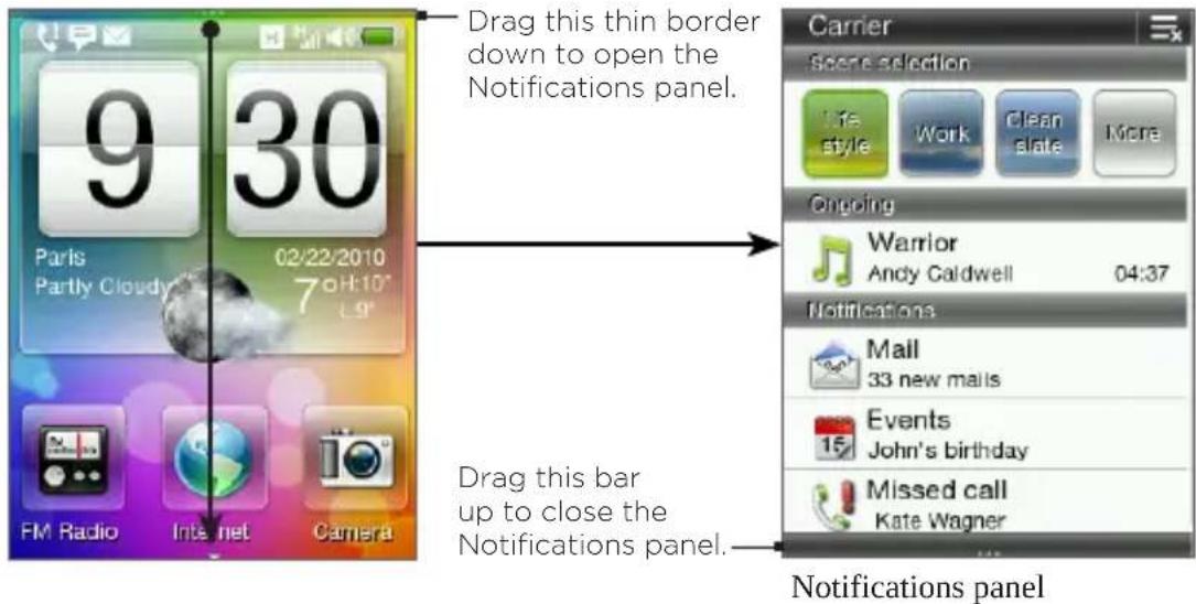 Drag this thin border down to open the Notifications panel. Carrier Scene selection Life style Work Clean slate More Ongoing Warrior Andy Caldwell 04:37 Notifications Mail 33 new mails Events John's birthday Missed call Kate Wagner Drag this bar up to close the Notifications panel. FM Radio Internet Camera 9 30