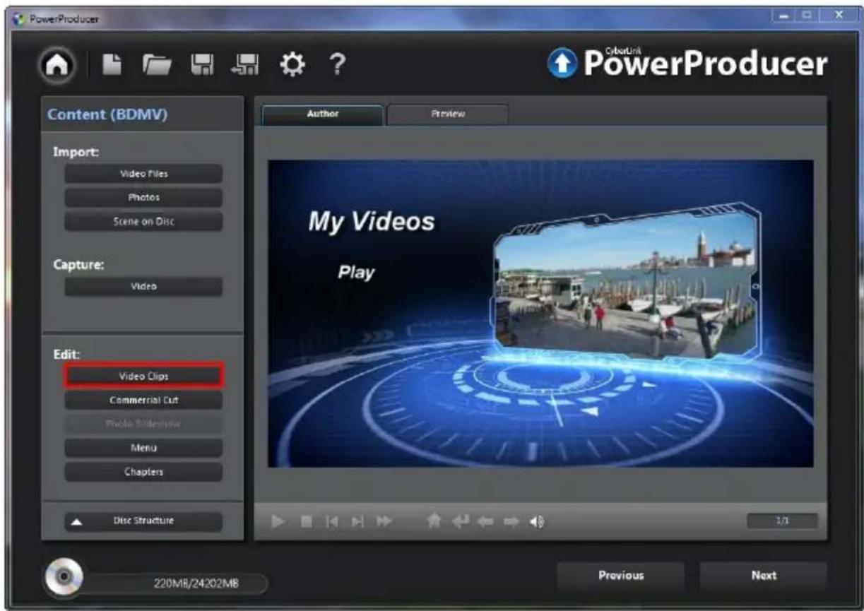 PowerProducer CyberLink PowerProducer Content (BDMV) Import: Video Files Photos Scene on Disc Capture: Video Edit: Video Clips Commercial Cut Photo Slideface Menu Chapters Disc Structure Author Preview My Videos Play 3/3 220MB/24202MB Previous Next