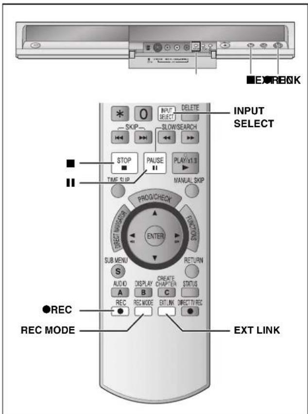 ■EXREOK INPUT SELECT SKIP SLOW/SEARCH STOP PAUSE PLAY/x1.3 TIME SIP MANUAL SKIP PROG/CHECK ENTER SUB MENU S AUDIO A REC REC MODE CREATE CHAPTER C RETURN STATUS EXT LINK ●REC REC MODE EXT LINK