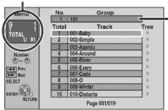 Menu G 1 TOTAL 1/91 Number 0 -- 0 Post Rest SELECT ENTER RETURN No. Group 1 : 101 Total Track Tree 1 001-Baby 2 002-Simple 3 003-Aguany 4 004-Around 5 005-River 6 006-Every 7 007-Cada 8 008-D 9 009-Winter 10 010-Distante Page 001/019