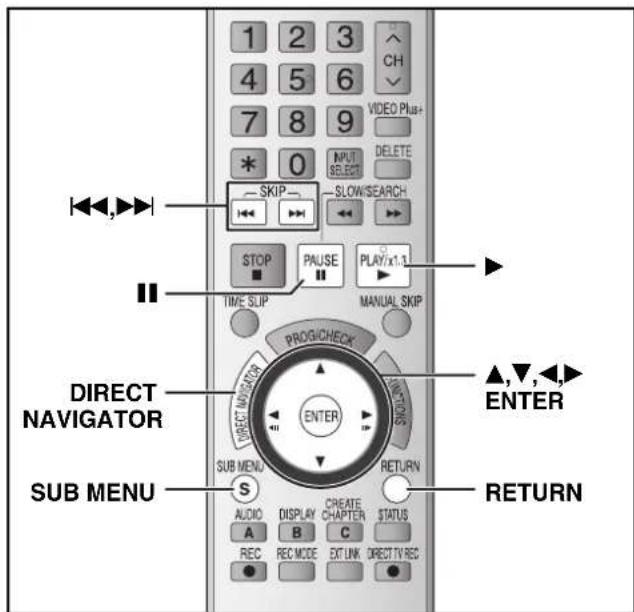 1 2 3 4 5 6 7 8 9 * 0 ←←,→ ←←,→ ←←,→ ←←,→ STOP TIME SLIP PROG/CHECK DIRECT NAVIGATOR SUB MENU S AUDIO A REC A B REC MODE CREATE CHAPTER C STATUS EXT UNK DIRECT TV REC VIEW PLUB+ DELETE SLOW/SEARCH PAUSE PLAY/x1.1 MANUAL SKIP ENTER RETURN ▲,▼,◄,► ENTER RETURN