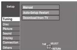 Setup Manual Auto-Setup Restart Download from TV Tuning Disc Picture Sound Display Connection Others TAB SELECT RETURN