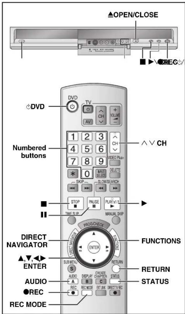 ▲OPEN/CLOSE ■ ▶●○○○/ DVD Numbered buttons 1 2 3 4 5 6 7 8 9 * 0 SKIP SLOW/SEARCH STOP PAUSE PLAY/×1.3 TIME SLIP MANUAL SKIP PROG/CHECK FUNCTIONS DIRECT NAVIGATOR ▲,▼,◀ ENTER SUB MENU S AUDIO A B C RETURN DIRECT NAVIGATOR AUDIO ●REC REC MODE RETURN STATUS DIRECT TV REC