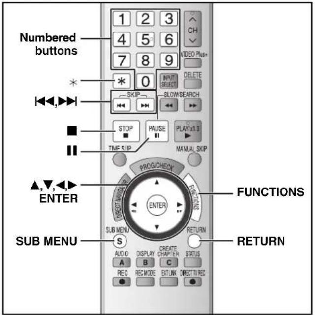 Numbered buttons * SKIP INPUT SELECT SLOW/SEARCH STOP PAUSE PLAY/x1.3 TIME S/UP MANUAL SKIP PROG/DIMECK FUNCTIONS ▲,▼,◀,► ENTER SUB MENU S AUDIO DISPLAY CREATE CHAPTER STATUS A B C REC REC MODE EBLINK DIRECT TV REC RETURN RETURN