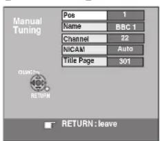 Manual Tuning Pos 1 Name BBC 1 Channel 22 NICAM Auto Title Page 301 RETURN : leave