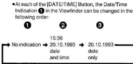 • At each of the [DATE/TIME] Button, the Date/Time Indication ① in the Viewfinder can be changed in the following order: ① ② ③ → No indication → 15:38 20.10.1993 → 20.10.1993 date and time date only