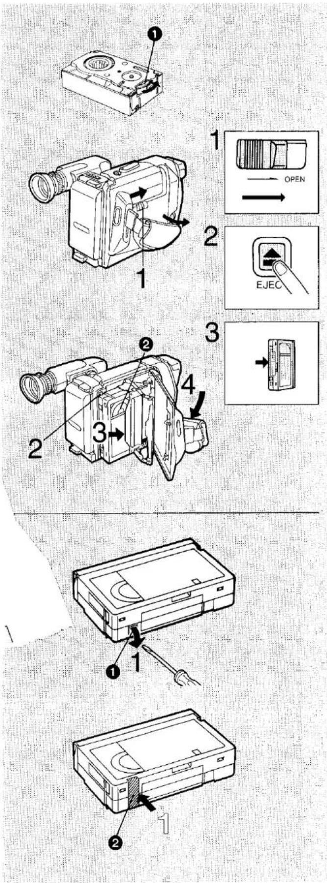 Technical diagram showing exploded and assembled views of a device with numbered components and labeled parts like OPEN, EJEC, and switch.