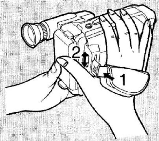 Diagram showing a hand holding a video camera with labeled parts 1 and 2, indicating a step in the action.