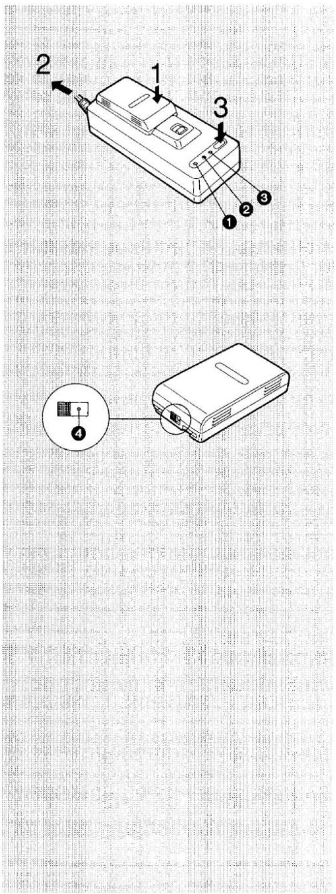 Diagram showing a device with labeled parts and an inset view of a device with four numbered components.