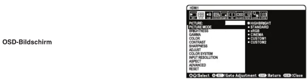 OSD-Bildschirm HDM1 PICTURE: PICTURE MODE BRIGHTNESS GAMMA COLOR CONTRAST SHARPNESS ADJUST COLOR SYSTEM INPUT RESOLUTION ASPECT ADVANCED RESET ●HIGHBRIGHT ●STANDARD ●sRGB ●CINEMA ●CUSTOM1 ●CUSTOM2 ○:Select ○:Goto Adjustment ○:Return ○:Close
