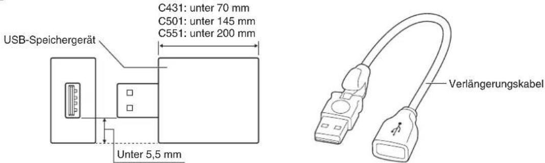 USB-Speichergerät C431: unter 70 mm C501: unter 145 mm C551: unter 200 mm Unter 5,5 mm Verlängerungskabel