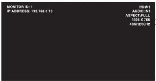 MONITOR ID: 1 IP ADDRESS: 192.168.0.10 HDMI1 AUDIO:IN1 ASPECT:FULL 1024 X 768 48KHz/60Hz