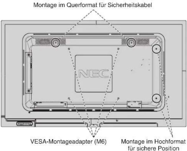 Montage im Querformat für Sicherheitskabel NEC VESA-Montageadapter (M6) Montage im Hochformat für sichere Position