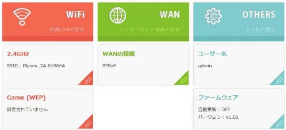 WiFi 無線LANの設定 WAN インターネット接続の設定 OTHERS その他の設定 2.4GHz SSID : Planex_24-8196F4 WANの種類 PPPoE ユーザー名 admin Game (WEP) 設定されていません ファームウェア 自動更新 : OFF バージョン : v1.01