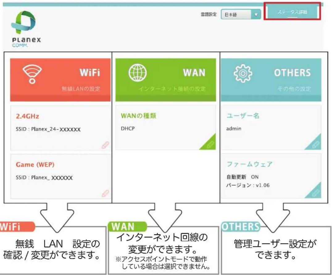 LANEX COMM. 言語設定 日本語 ステータス詳明 WiFi 無線LANの設定 2.4GHz SSID : Planex_24-XXXXXX Game (WEP) SSID : Planex_XXXXXX WAN インターネット接続の設定 WANの種類 DHCP OTHERS その他の設定 ユーザー名 admin ファームウェア 自動更新 ON バージョン : v1.06 WiFi 無銭 LAN 設定の確認 / 変更ができます。 WAN インターネット回線の変更ができます。 ※アクセスポイントモードで動作している場合は選択できません。 OTHERS 管理ユーザー設定ができます。