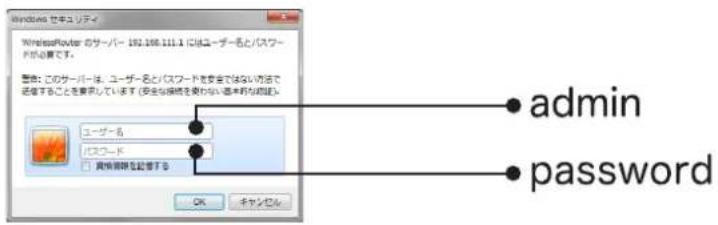 Windows せキュリティ WirelessPlayer のサーバー 192.108.111.1 にはユーザー名とパスワードが必要です。 警告: このサーバーは、ユーザー名とパスワードを安全ではない方法で送信することを要示しています (安全な接続を受わない基本的な関係) ユーザー名 パスワード 周板関係を記載する admin password OK チャンゼン