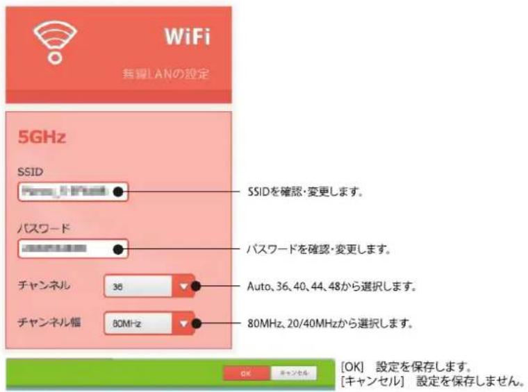 WiFi 無覧LANの設定 5GHz SSID Ferru, Wi-Fi パスワード バスタードを確認・変更します。 チャンネル 36 Auto, 36, 40, 44, 48から選択します。 チャンネル幅 80MHz 80MHz, 20/40MHzから選択します。 OK キャンセル [OK] 設定を保存します。 [キャンセル] 設定を保存しません。