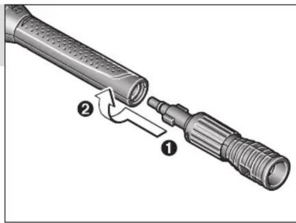 Technical diagram of a mechanical device with labeled parts 1 and 2, showing internal components and directional arrows.
