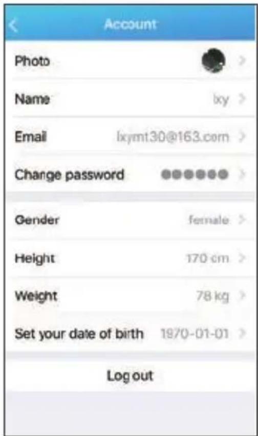 Account Photo Name lxy Email lxymt30@163.com Change password Gender female Height 170 cm Weight 78 kg Set your date of birth 1970-01-01 Log out