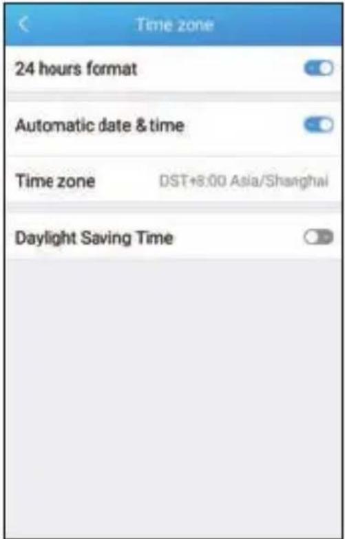 Time zone 24 hours format Automatic date & time Time zone DST+8:00 Asia/Shanghai Daylight Saving Time